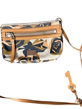 Fossil Floral Canvas Crossbody in Tan, Navy and Cream